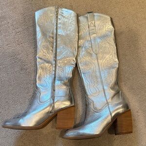 Silver Metallic Embroidered Knee-High Western Boots - Gianni Bini - Size 6.5
